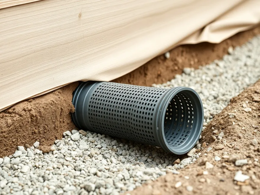 Perforated drainage pipe bedded in gravel in a trench along a foundation wall