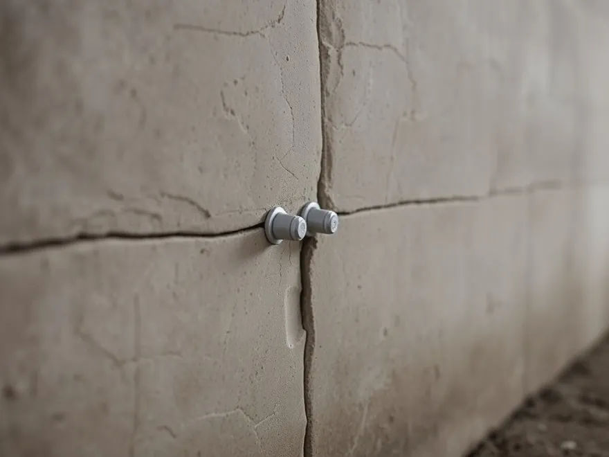 Epoxy injection ports sealed along a hairline crack in a poured concrete wall