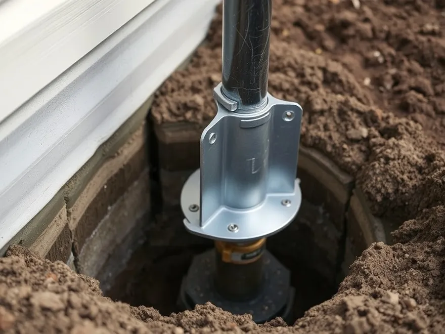 Steel push pier and bracket installed against a footing in an open excavation