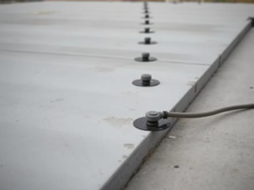 Row of foam injection ports drilled across a settled concrete slab